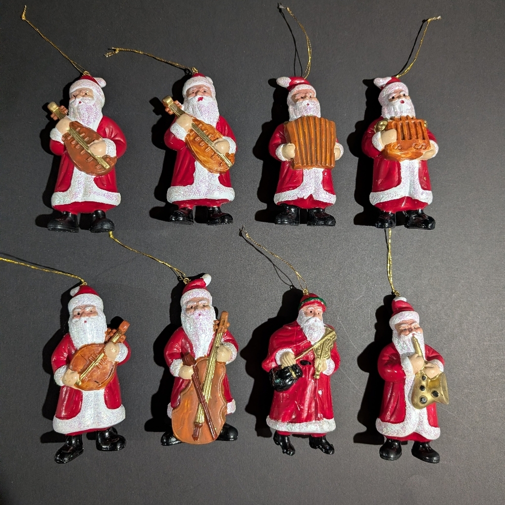 Vtg 8 Blow Mold Santa Clause  Musical Instruments Tree Ornaments Pink Glitter 4"